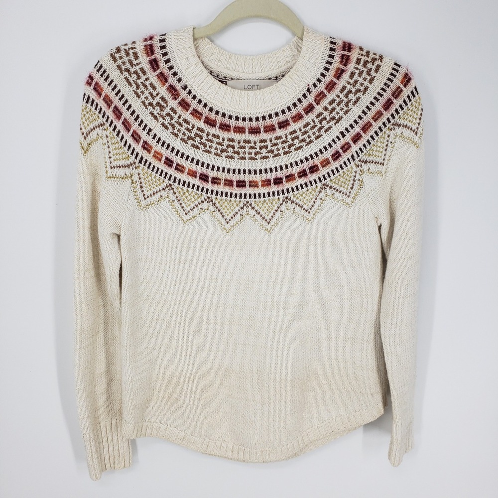 LOFT Fair Isle Pullover Sweater Womens SP Cream Geometric Metallic Knit Sparkle